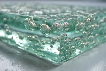 Poster - Detailed macro shot of a turquoise glass block filled with glistening air bubbles.