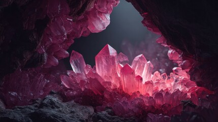Canvas Print - ethereal pink crystals glowing in dark cave