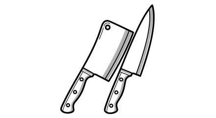 Illustration of a butcher knife and a chef knife with white blades and handles in a simple style