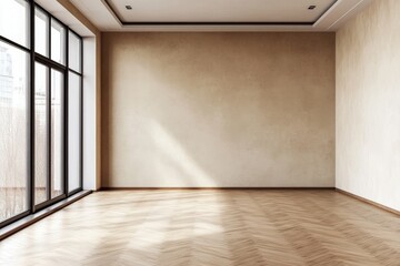 Wall Mural - a spacious, modern interior with large windows, wooden flooring, and neutral walls, illuminated by n