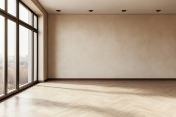 Wall Mural - a spacious, empty room with large windows and wooden flooring, featuring natural light and a simple,