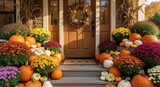 Festive autumn porch decor with pumpkins and colorful chrysanthemums