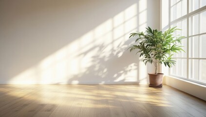Wall Mural - a bright, minimalistic room with a large window, showcasing a potted plant that casts soft shadows o