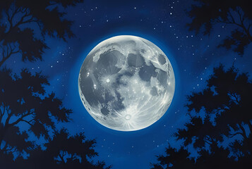 Wall Mural - Large full moon in a starry night sky framed by trees