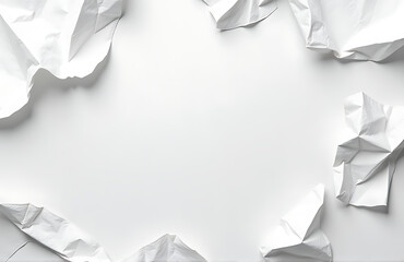 Wall Mural - shot textured white background featuring crumpled paper fragments strewn across frame lit soft overhead light