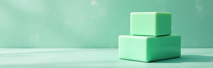 Wall Mural - two stacked light green cubes vibrant sheen atop weathered gray background illuminated soft overhead natural light