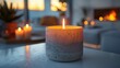 © Tina.dot - minimalist modern candle in concrete holder, soft lighting on white table, white wall behind