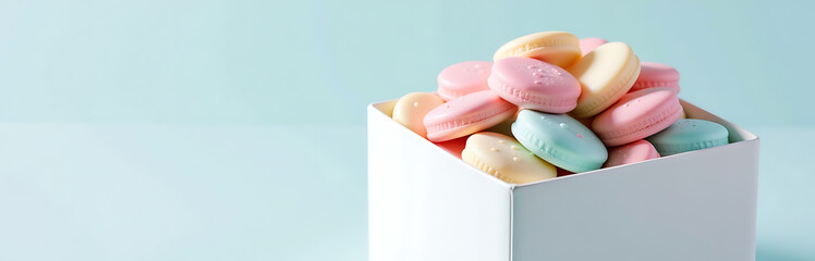Wall Mural - delicate pastel candies arranged artfully simple white box set soft light blue background subtle gradient