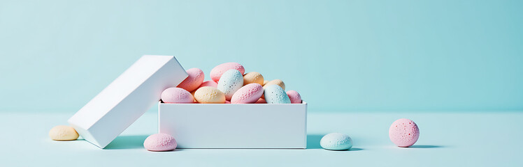 Wall Mural - delicate pastel candies arranged artfully simple white box set soft light blue background subtle gradient