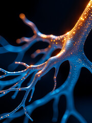 Wall Mural - intricate swirling network glowing blue neurons illuminated soft golden light corner forming