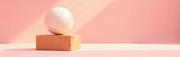 Wall Mural - speckled white rubber ball placed atop worn wooden block soft pink background warm natural light casting gentle