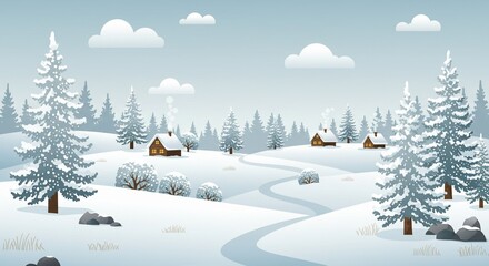 Wall Mural - Winter Wonderland Scene: Snow-Covered Cabins and Evergreen Trees in a Peaceful Landscape
