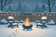 © Halina Berah - Cozy winter backyard with a fire pit surrounded by snow and festive lights at dusk
