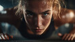 ©  vi.aethereum - Focused woman doing push-ups while sweating in gym  Slim transformation