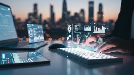 Typing on Futuristic Keyboard with Data Visualizations and Cityscape View