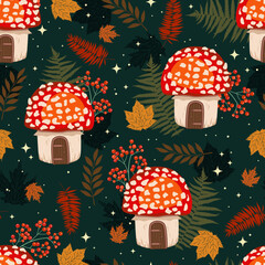 Wall Mural - vector pattern with houses fly agaric, stars, leaves and berries. seamless pattern with illustration