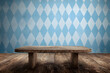© Daniel - an empty wooden rustic platform for product advertising with blue diamond patten background for the oktoberfest munich