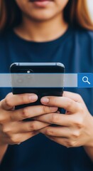 Poster - Smartphone search bar with magnifying glass icon overlay. Digital browsing on mobile device with blue outline. Modern tech interaction with transparent interface.