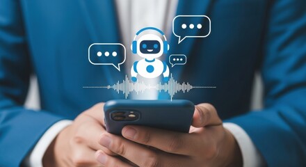 Poster - Digital illustration of a person interacting with a chatbot on a smartphone. AI assistant with speech bubbles and audio waveform. Modern communication technology.