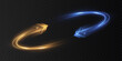 © Valeriia - A vibrant circular swirl of glowing blue and gold arrows with dynamic light trails on a dark background. Futuristic swirl design that embodies speed and energy, for interfaces and motion effects.