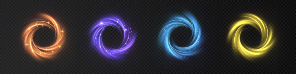 Wall Mural - bright circular swirls of light rays. a set of glowing swirls of orange, purple, blue and yellow wit