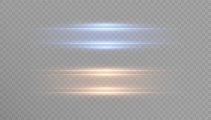 Wall Mural - set of glowing horizontal light streaks in blue and golden tones on transparent background.