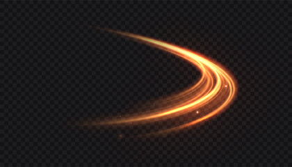 Wall Mural - bright orange swirl of light with sparks and curved glowing stripes on a dark background. abstract v