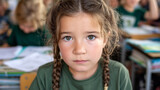Portrait of young girl with braids in classroom environment, looking at camera with neutral expression