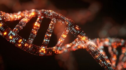 Digital DNA double helix structure intertwined with glowing binary code representing biotechnology, genetic engineering, and digital biology concepts
