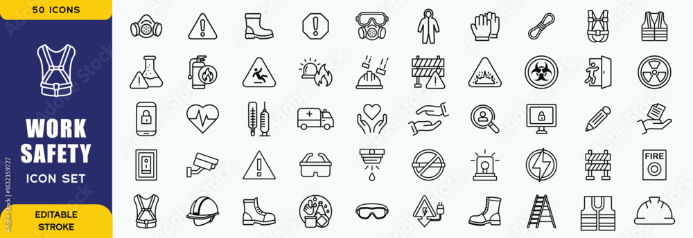 Work safety Outline Vector Icon Collection. A set of outline icons ...