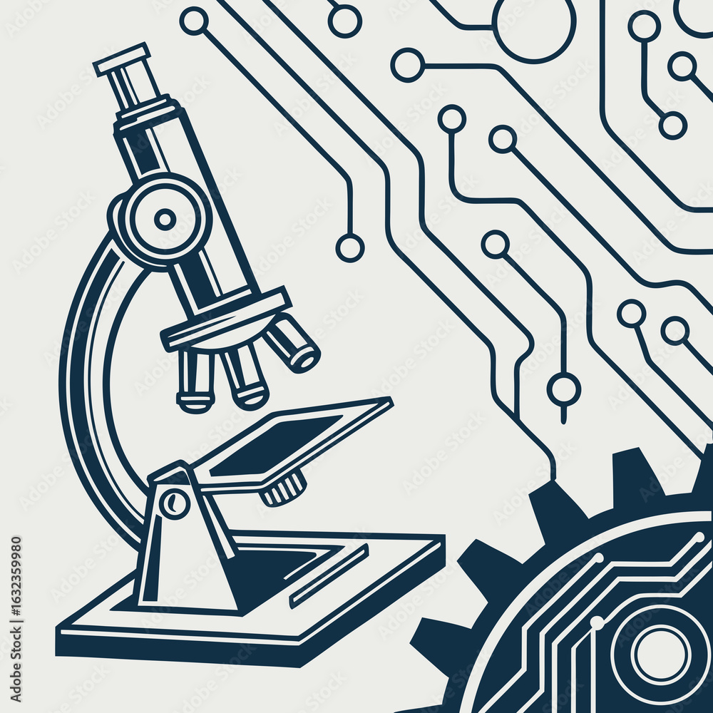 Illustration of a microscope with circuit board and gear design in blue ...