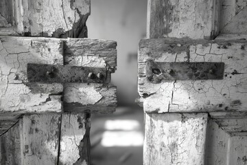 Poster - Close-up of an ancient wooden door with extensively peeling white paint and rustic rusted metal plates, captured in a detailed monochrome photograph highlighting texture.