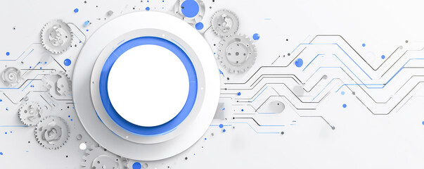 Vector banner design with a white circle, a blue and gray color scheme, and a tech background vector illustration with gears and circuit board lines