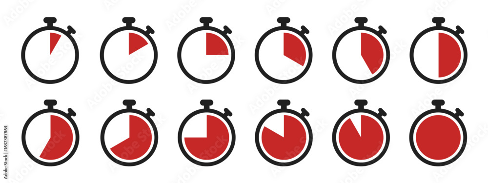 Stopwatch icon set in red color on white background. Collection of ...