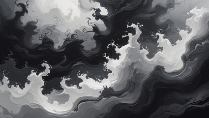 Wall Mural - a swirling wave pattern in black and white shades of black, white and gray. the composition is fluid