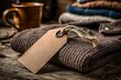 © whitestorm - Warm knitted brown sweater with a blank tag on a rustic wooden background.