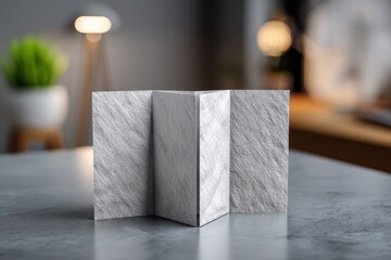 Poster - Blank tri-fold brochure mockup with a textured gray stone surface on a modern desk.