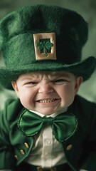 Wall Mural - adorable baby in st patrick's day green hat outfit, celebrating the holiday with joy and festive spi
