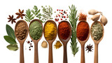 Colorful different seasonings in wooden spoons surrounded with herbs and spices isolated on a white background