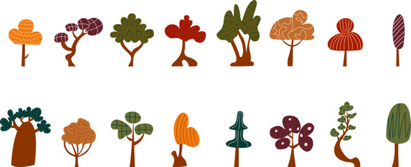 Collection of simple autumn trees on white background. Hand drawn forest elements with flat shapes and seasonal colors. Set of trees with different crowns. Botanical cartoon vector illustrations