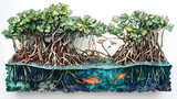 A detailed 3D illustration diorama of a mangrove forest ecosystem, showcasing a cross section of the complex root system and the vibrant underwater world with fish swimming in their natural habitat.