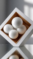 Poster - Three spheres of various textures and colors are artfully positioned in front of a cube, reflecting beautifully on a water surface
