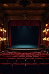 Wall Mural - empty bleachers in a historic theatre, ready for a performance the stage is dark, awaiting the spotl