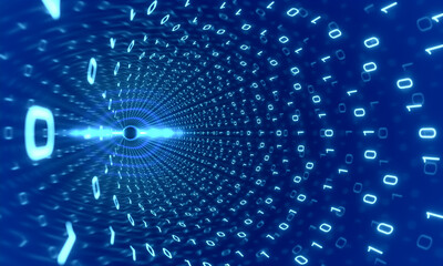 close-up of binary code flowing through a tube or cable. technology, data transmission, internet, co