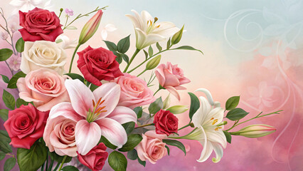  Soft pastel arrangement of roses, lilies in pink and white with delicate foliage on blended pink-blue gradient.