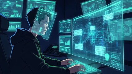 Animated Cyber Security Analyst Working at Computer with Futuristic Interface and Multiple Data Screens