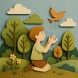 © merioum - A boy kneeling in nature releasing a bird into the sky, in paper cut-out style with earthy green and brown tones, ideal for children’s educational themes.