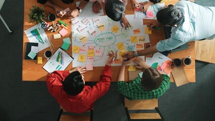 Poster - Group of business people writing sticky note and making mind map to brainstorming marketing idea at meeting. Top aerial view of investors sharing plan or strategy and stick note at paper. Convocation.