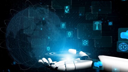 Poster - A robotic hand reaching out to a glowing digital interface filled with holographic icons illustrates the blend of technology and global connectivity in a virtual world. Xenic