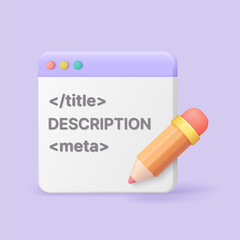 Creative 3D browser window with meta tags, title, and description elements, featuring a pencil for web development, SEO, and digital content design vector illustration